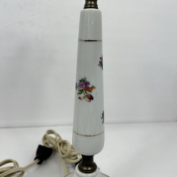 Porcelain Floral Lamps Table Cottagecore Boudoir 12" White Gold Trim Pair 50s? - Picture 9 of 16